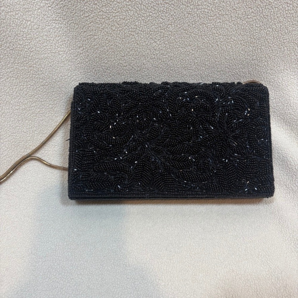 Hastings & Smith Black Beaded Floral Evening Clutch Bag Gold Snake Chain‎ Strap
